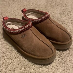 UGG Tan Suede Slip-Ons with Red Trim